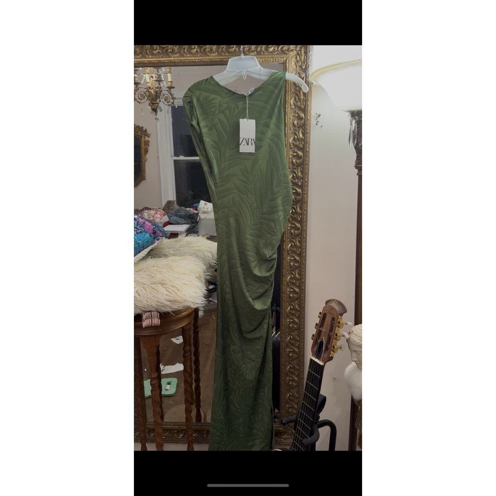 Zara Green Palm Leaves  Long Sleeve Ruched Side Tubular Midi Dress Sz Med - Picture 7 of 13